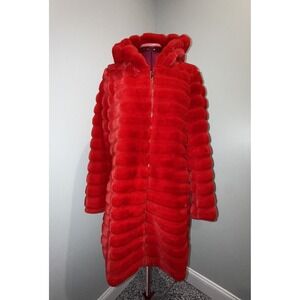 RISISSIDA Women Red Faux Fur Coat Fuzzy Jacket Hooded Winter Fall Warm Overcoat